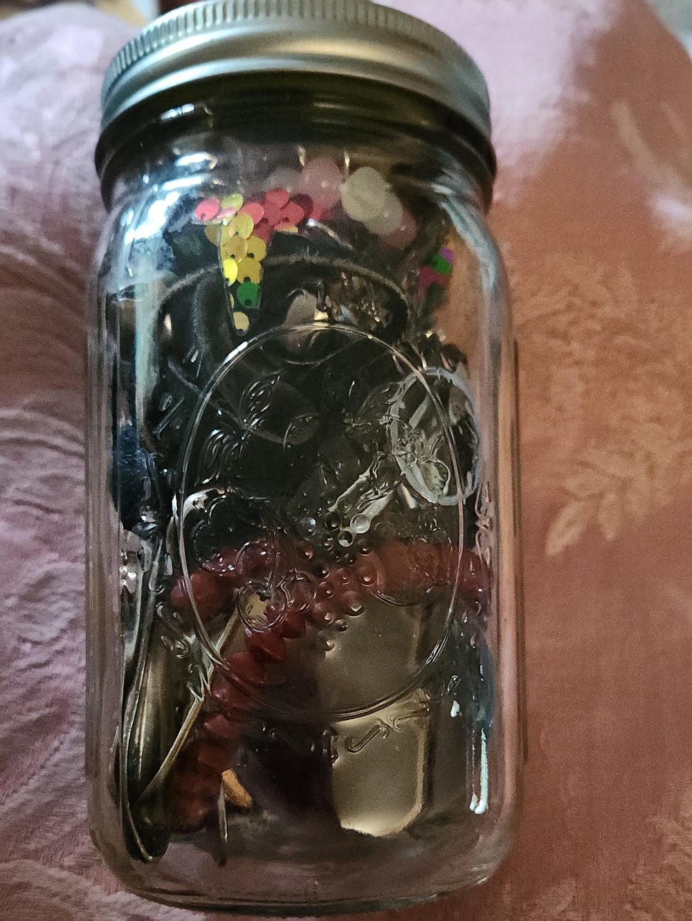 Assorted Jewelry & Accessories in Glass Jar - Black, Pink, Gold